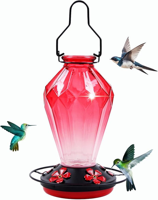 2 Pack Glass Hummingbird Feeder for Outdoors Hanging, 25Oz Humming Bird Nectar Feeder, Perch, 5 Flower Feeding Ports, Leak Proof Base, Hook for Outside Garden Backyard, Gift for Women, Diamond Red