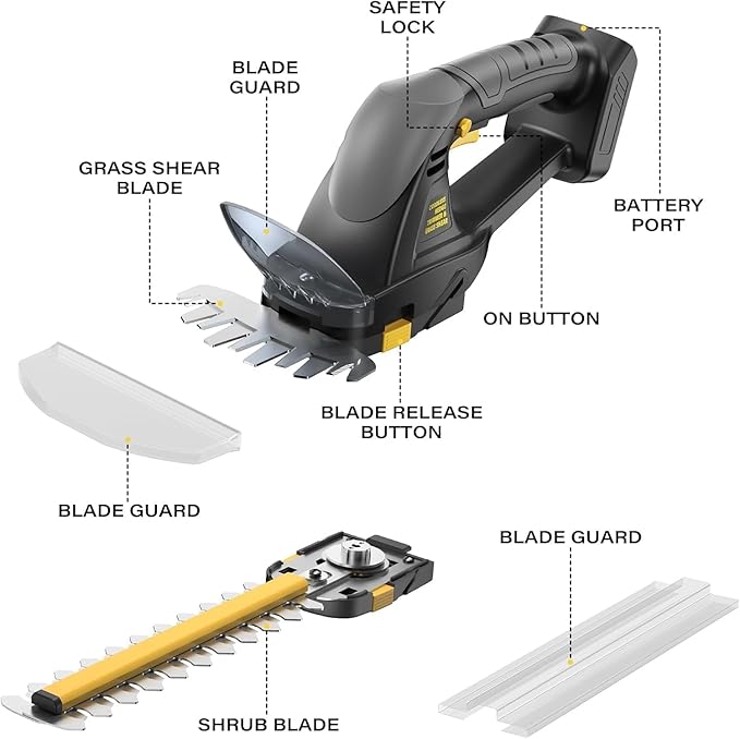 Cordless Hedge Trimmer (Tool Only), Compatible with DeWalt 20V MAX Battery, 2-in-1 Cordless Grass Shear 1500RPM, 3.3 lbs Handheld Shrub Clipper with Battery Protection, 8" & 4.7" Blades (Black)