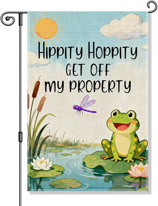 Perfectinsoy Hippity Hoppity Get Off My Property Funny Garden Flag, Doormat Human Rights Yard Banner, Cute Frog Flags, Humor Welcome Yard Farmhouse Lawn Summer Outdoor Decor, Housewarming Flag Gifts