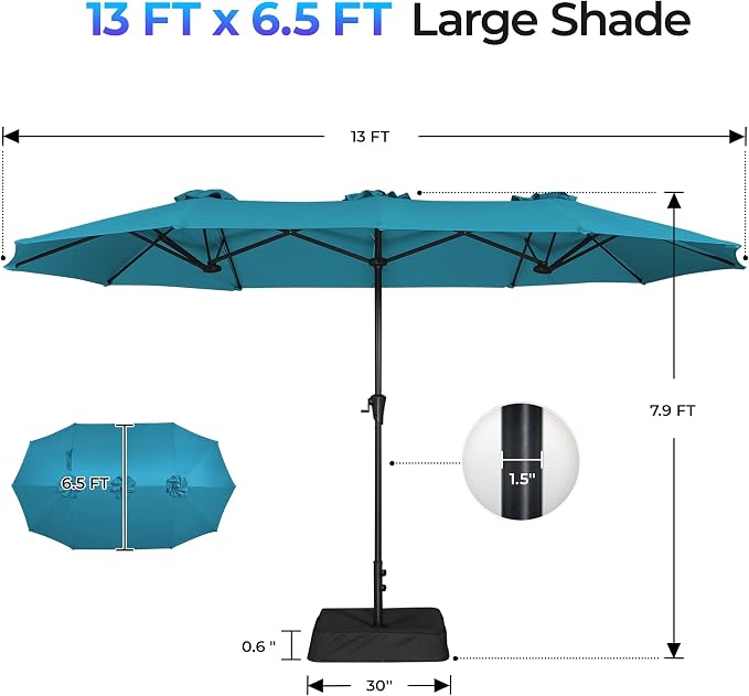 SUPERJARE 13FT Outdoor Patio Umbrella with Base Included, Double Sided Pool Umbrellas with Fade Resistant Canopy, Large Table Umbrella for Deck, Market, Backyard - Lake Blue