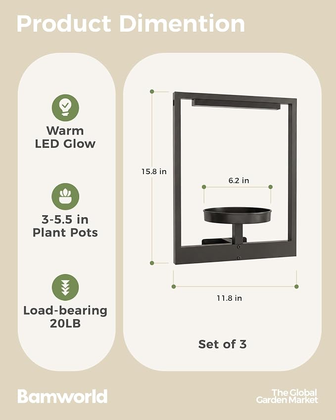 Bamworld Hanging Planters for Indoor Plants Wall Decor Outdoor Living Room Plant Stand Indoor Wall Planters Plant Hanger Window Plant Shelves 3-Packs with Magnetic Lights