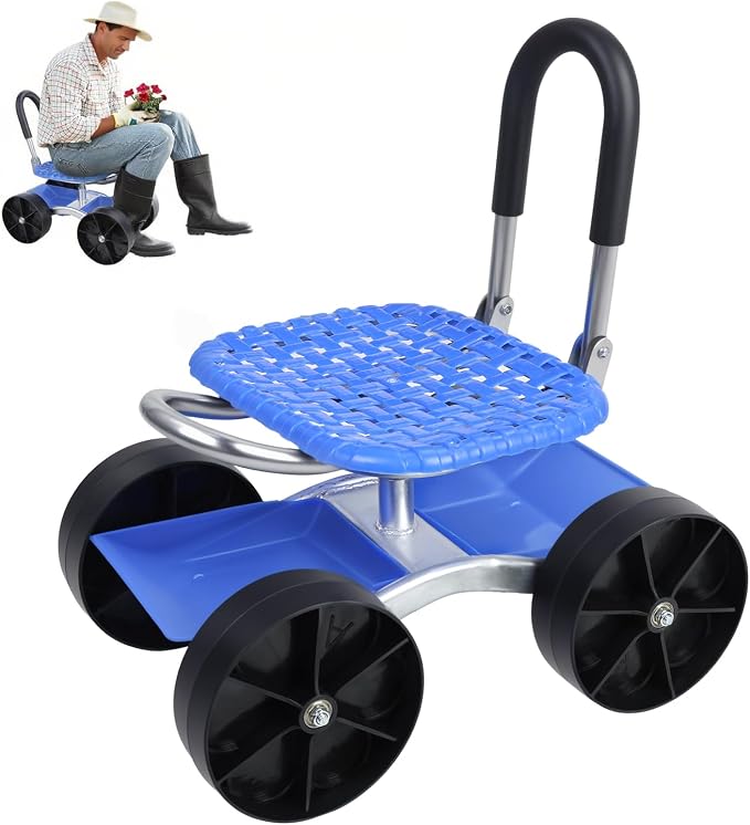 Rolling Garden Work Seat with Wheels - Adjustable Height Gardening Stool for Planting, 360° Swivel Rolling Gardens Cart with Seat,Tool Storage Tray,Garden Chair for Outdoor, Patio and Yard