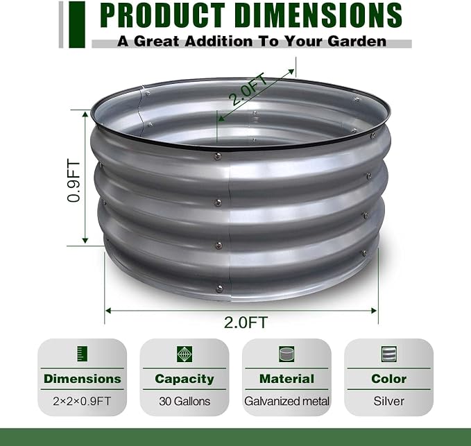GrowHaus 2x2x1FT Galvanized Raised Garden Bed, Planter Boxes Outdoor Round Metal Garden Beds for Planting Vegetables Flowers Herbs Silver