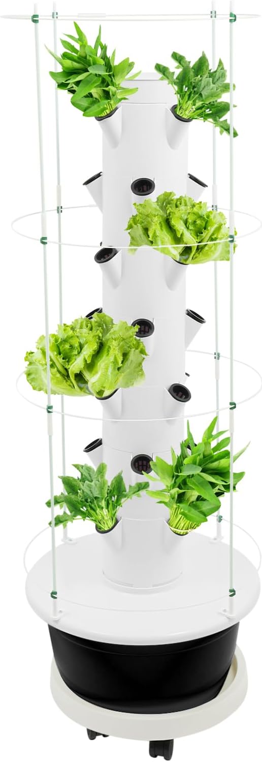 Hydroponics Growing System, 28-Plants Indoor Hydroponic Tower with Pump System, Timer, Climbing Trellis, Vertical Garden Planter with Wheels, Hydroponic Germination Kit for Gardening Lover