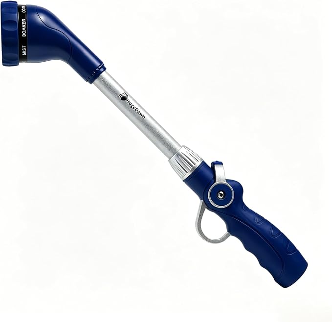HugeDawn Garden Hose Wand, 16-Inch Heavy Duty Zinc Alloy & Aluminum Watering Wand with 8 Spray Patterns Thumb Control for Hanging Baskets, Garden, Cleaning (Blue)