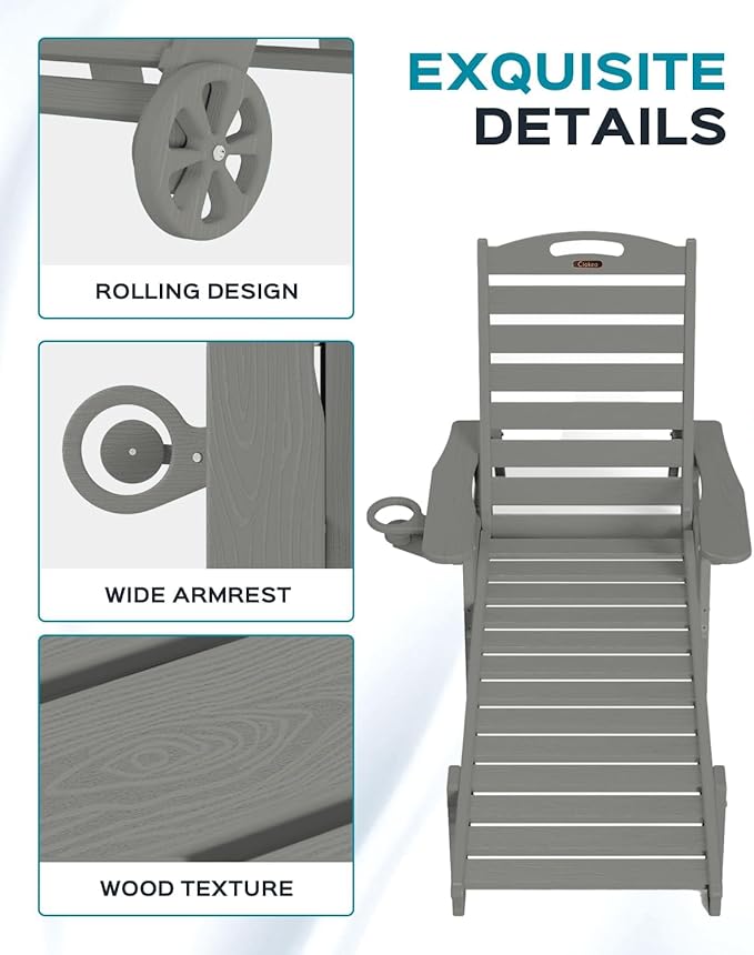 Ciokea Outdoor Chaise Lounge Chair Set of 2, Patio Lounge Chairs for Outside, HDPE Lounge Chairs with Wheels & Cup Holder, Poly Lounge Chair with 5 Position for Poolside, Deck, Grey