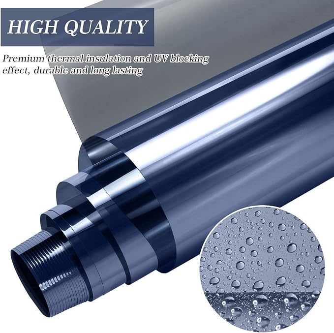 HIDBEA One Way Mirror Window Film ,Daytime Privacy Sun Blocking Reflective Window Film Static Cling Heat Control Window Tinting Film for Home and Office, Blue Silver, 35.4 x 196.8 Inch