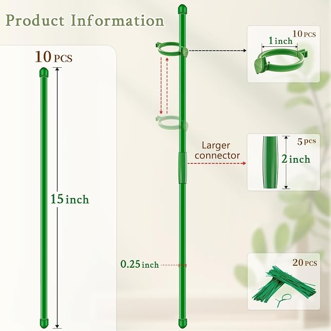 Plant Stakes 17 inch SupKing Support Stick Orchid Stakes with Clips 10Pcs Garden Plant Poles Extended to 3/4/5ft for Indoor Outdoor Potted Tomato Rose Amaryllis Vegetables Monstera -Green