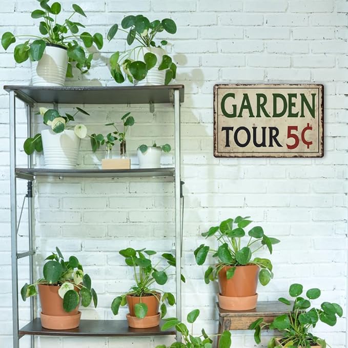 Garden Signs for Outside - Garden Tours 5 Cents, Vintage Metal Welcome Sign for Outdoor, Porch, Back Yard, Farmhouse, Patio Wall Decor Art, Gifts for Women, 12 x 8 inch