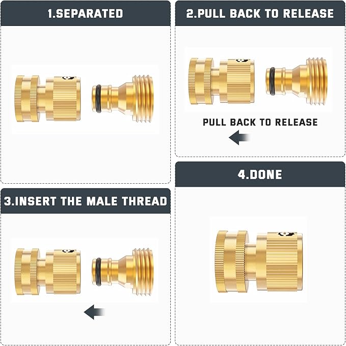 Kesfitt Garden Hose Quick Connect 3/4 Inch GHT Solid Brass Hose Connector Adapter Kit Fitting No-Leak Water Hose Female and Male Adapter (4 Sets)