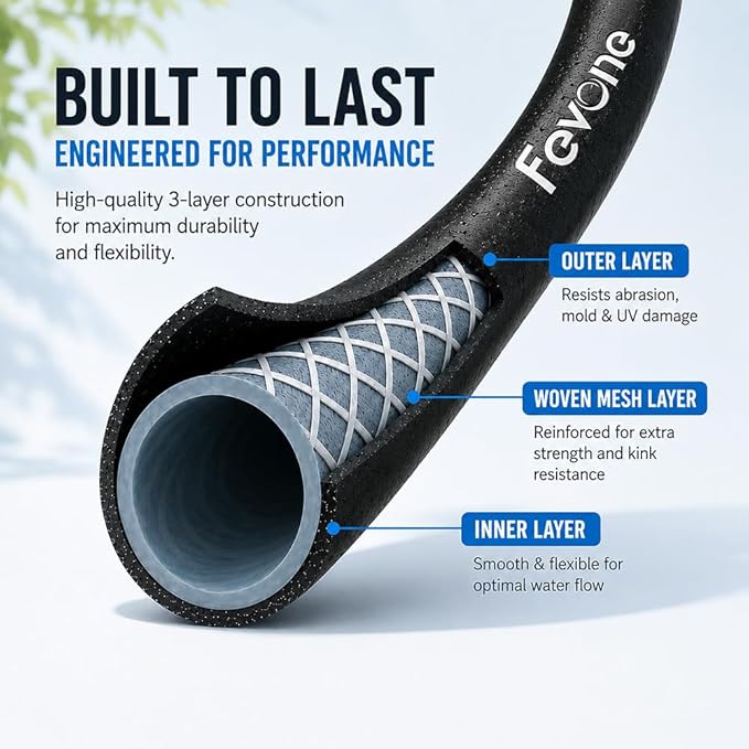 FEVONE 50 ft x 5/8 in No Kink Garden Hose, Heavy Duty Water Hose, Lightweight Hybrid Polymer, 3/4 in Aluminum Fittings for Lawn Watering, Yard Cleaning and Car Washing