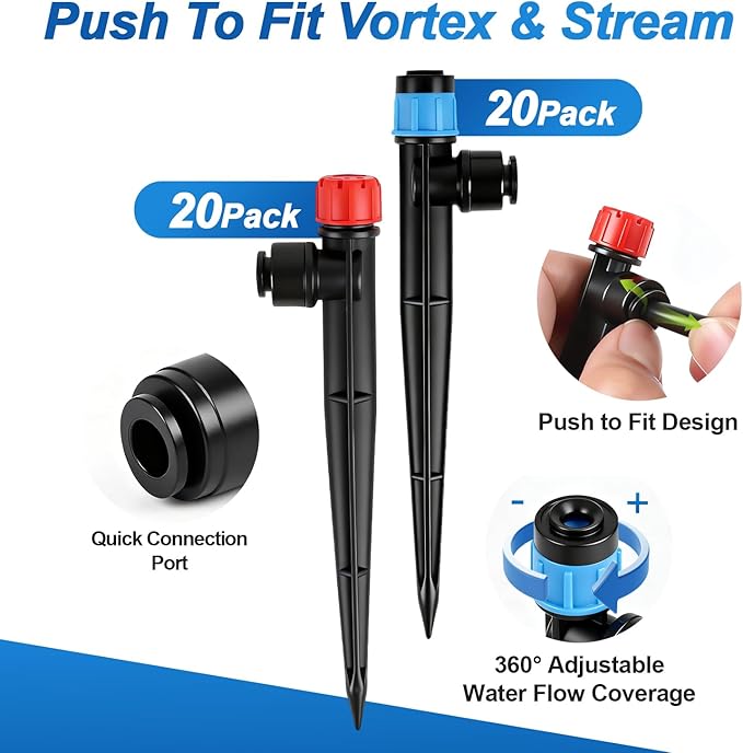 40 Pack Quick Connect 1/4 Inch Drip Irrigation Emitters Set, 20 Pcs 1/4'' Stream Emitters & 20 Pcs 1/4'' Vortex Emitters Adjustable 360 Degree Emitter on Stake for Garden Sprinkler Systems