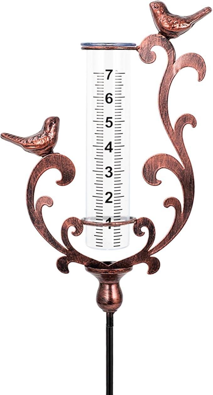 Rain Gauge Outdoor, Cast Iron Bird Rain Gauge - 7" Capacity Plastic Rain Gauge Freeze Proof with Metal Stake Decorative for Garden Yard Patio & Lawn with Large Readable Numbers
