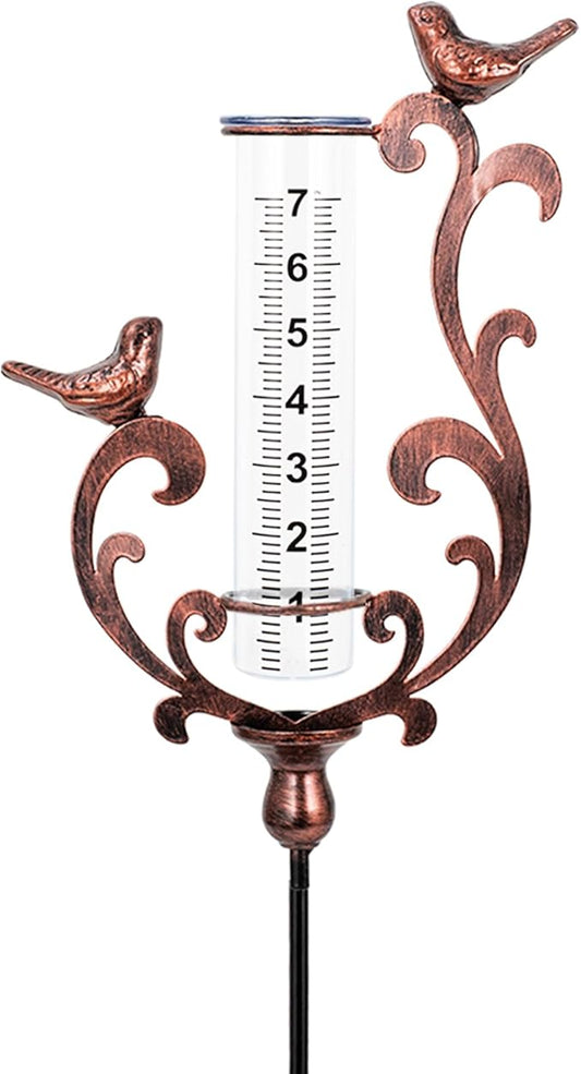 Rain Gauge Outdoor, Cast Iron Bird Rain Gauge - 7" Capacity Plastic Rain Gauge Freeze Proof with Metal Stake Decorative for Garden Yard Patio & Lawn with Large Readable Numbers