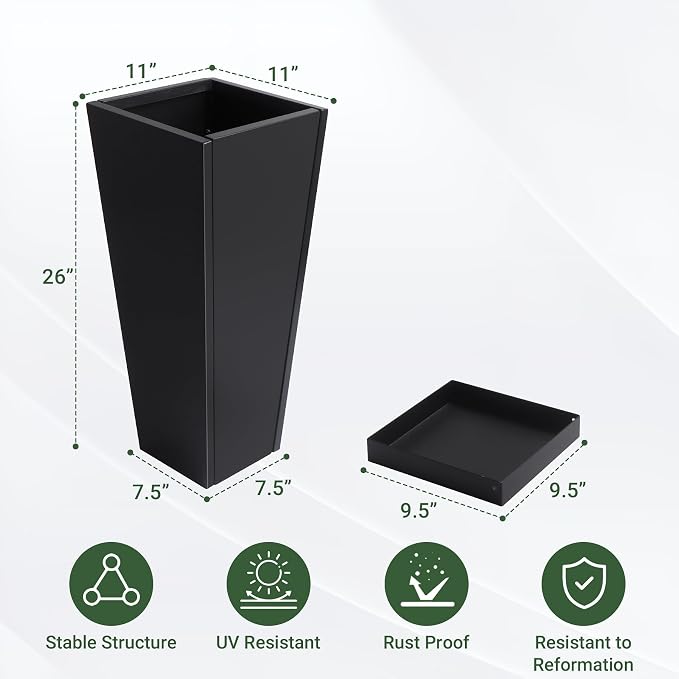 26" Metal Tall Outdoor Planters Set of 2, Durable & Wealtherproof | Tall Planters with Drainage Insert Shelve & Trays, Black Outdoor Planters for Porch, Garden, Yard