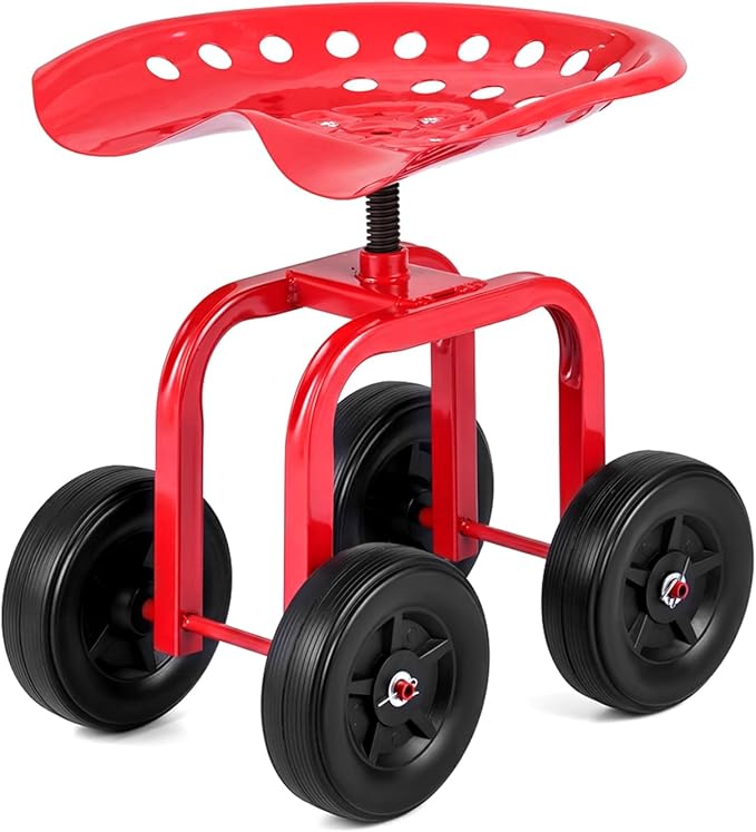 IRONMAX Garden Cart with Seat, Gardening Rolling Stool Scooter with Wheels & Ergonomic Seat for Planting, Wheeled Outdoor Gardening Work Seat for Patio, Yard, Garden (Red)