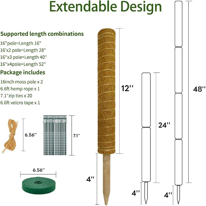 Moss Pole Monstera Plant Support: 4 Pack 16 inch Stackable Coco Coir Moss Totem Stake Tall Plants Rod Stand Grow Stick Moss Holder for House Live Plant,Indoor Climbing Potted,Vine,Pothos,Philodendron