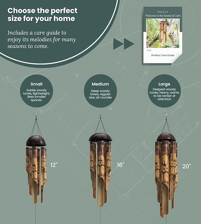 Nalulu Rustic Bamboo Wind Chimes - Outside Outdoor Wooden Windchimes, Medium, Floral Burned Design with Coconut Crown, Handcrafted with Calming Deep Tones, Home Decor Ideal Gift for Him & Her