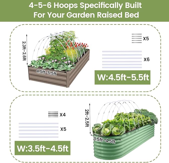 Garden Hoops 60pcs (M Size), Sunwuk Greenhouse Hoops for 2.5-5.5ft Wide Raised Bed, 10 Sets of 8.5ft Long Super Bendable Fiberglass Support Hoops Frame, Mini Greenhouse Strip for Row Cover