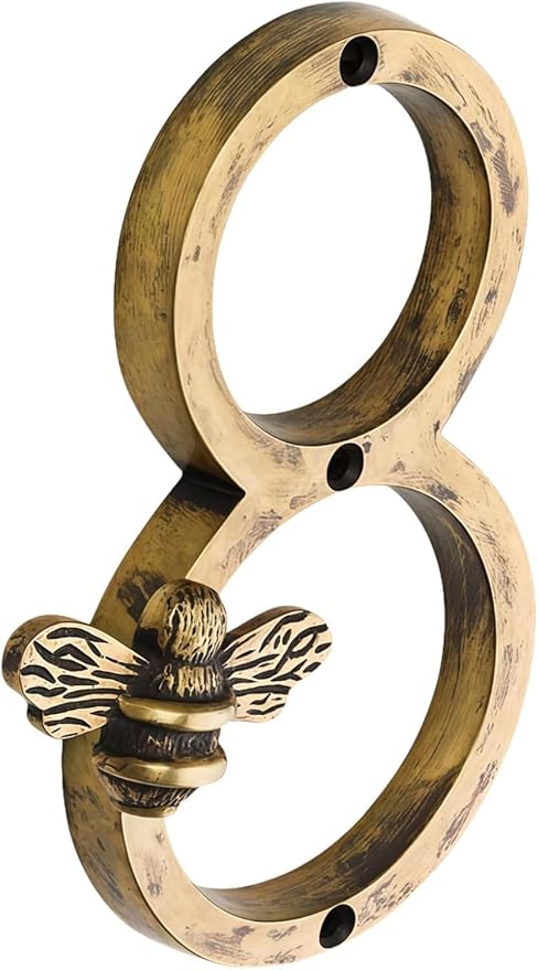 Bee House Number Sign, Antique Brass Finish, Decorative Metal Address Numbers for Door or Wall (Gold, 8)
