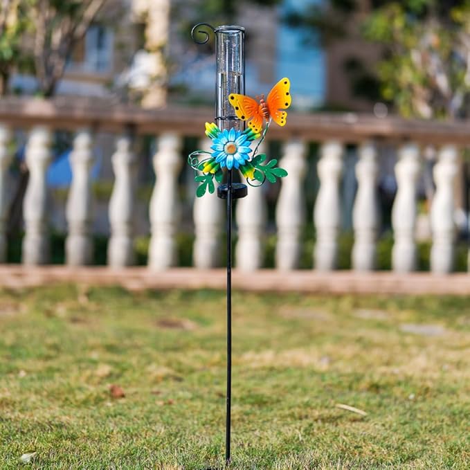 Rain Gauge Outdoor,Rain Gauges,Glass Decorative Rain Guage with Metal Stake for Garden Yard Lawn Decor,Butterfly