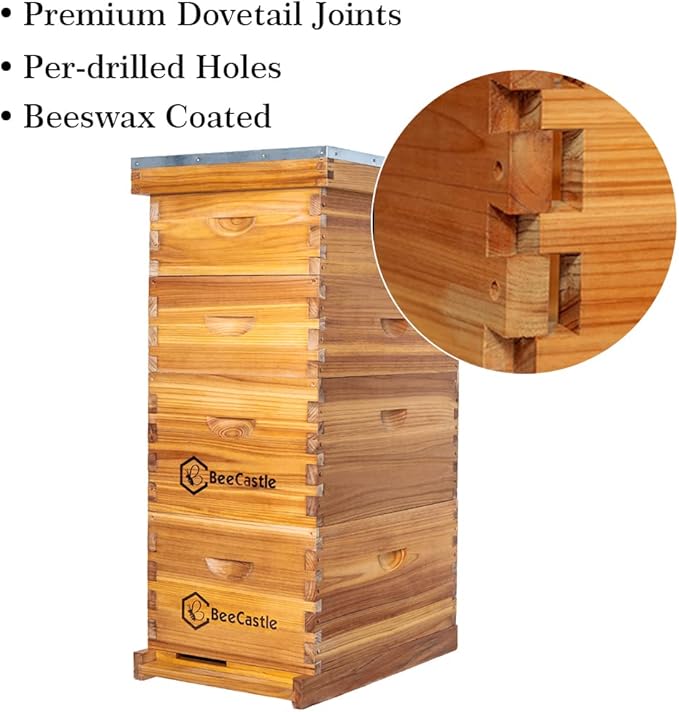 BeeCastle 10 Frame Langstroth Bee Hive Coated with 100% Beeswax Includes Beehive Frames and Waxed Foundations (2 Deep Boxes & 2 Medium Boxes)