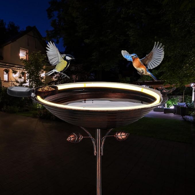 dreamysoul Bird Baths for Outdoors 15" Dia Large Metal Bird Bath with Solar Strip Lights, 5 Prongs Outdoor Copper Birdbath for Lawn Yard Garden Decor