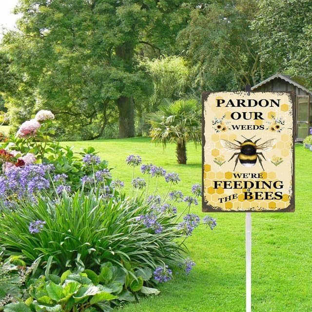 Parden Our Weeds We Are Feeding The Bees Yard Sign With Stake Do Not Mow Reflective Aluminum Yard Signs Rust Free Save Bee Pollinator Habitat Garden Signs (8x12) IN