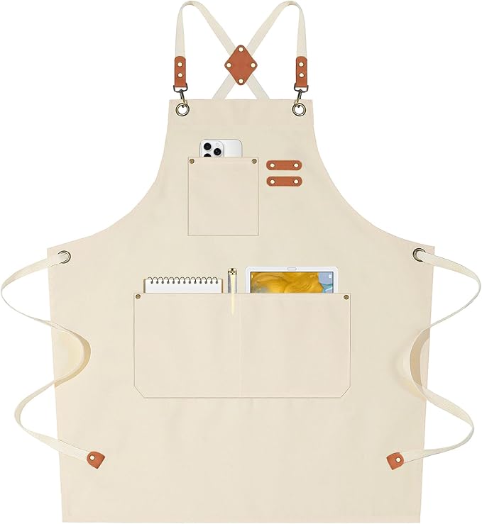 AFUN Chef Aprons for Women Men with Oversized Pockets, 12-Ounce Cotton Canvas Cross Back Water Repellent Apron (Cream)