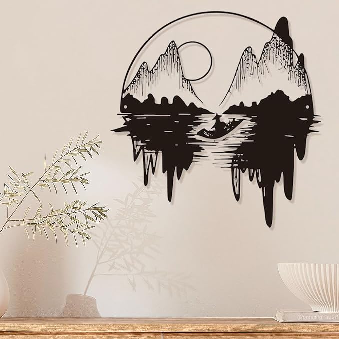 Black Metal Mountain Wall Art Minimalist Forest Silhouette Art Rustic Natural Hunting Home Wall Decor Sign Ornaments Gift for Living Room Garden Bedroom Balcony Patio (Amidst the mountains and rivers)