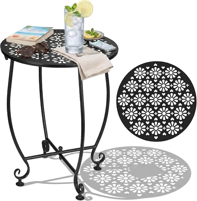 14 Inch Outdoor Metal Side Table, Patio Side Table Weather Resistant Metal Side Table, Small Round Outdoor End Table Plant Stands Table Outside for Patio Yard Balcony Garden Black(Color4-Flowers)