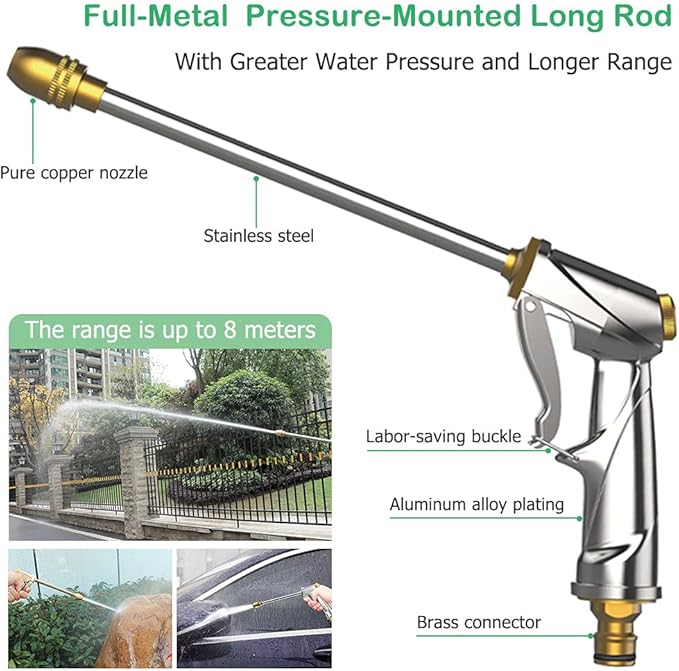 Garden Hose Nozzle Heavy Duty Brass Metal Sprayer Nozzle High Pressure Spray Gun 360° Rotaing Water Adjustmen for Car Washing, Outdoor Gardening, Pets Shower, Patio Cleaning