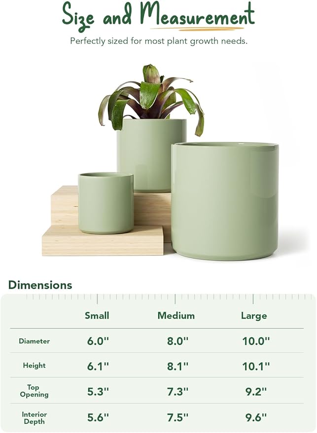 LE TAUCI 10+8+6 Inch Ceramic Pots for Plants, Indoor Planters with Drainage Hole and Plug, Modern Cylinder Flower Pots Set of 3 for Living Room and Kitchen, Glossy, Sage Green
