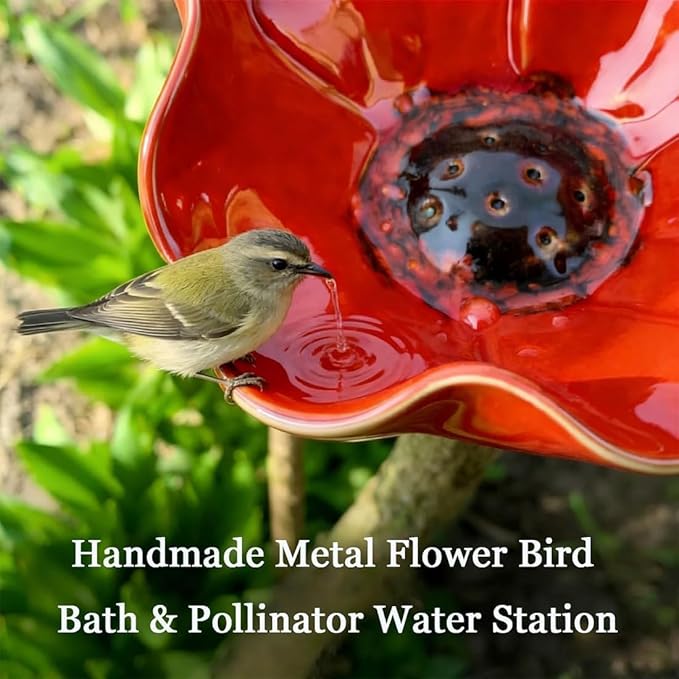 Handmade Metal Flower Garden Stake with Bird Bath & pollinator Water Station, Bee Bath for Garden Metal Bee Water Feeder with Flower Design for Outdoor Yard Decor