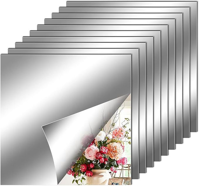 Fantasyon 10 Pieces Flexible Mirror Sheets, Self Adhesive Decorative Plastic Mirror Tiles Non-Glass Mirror Stickers for School Educational and Home Wall Decor(8x8 Inch)