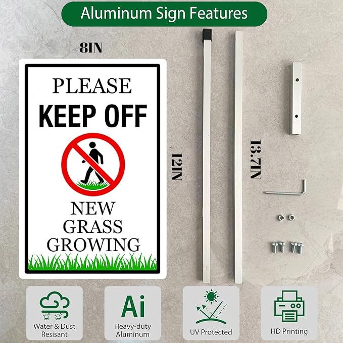 New Grass Growing Please Keep Off Yard Sign With Stakes Rustproof Reflective Aluminum Stay Off Grass Lawn Sign Stand for Home Garden Lawn Outdoor 8x12 In