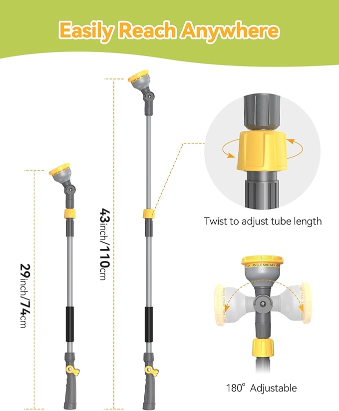 VOXON Watering Wand for Garden Hose, Adjustable 29–43 Inch Watering Wand with 10 Spray Patterns & 180° Swivel Head, Thumb Flow Control, for Hanging Baskets, High Shrubs & Patio Plants