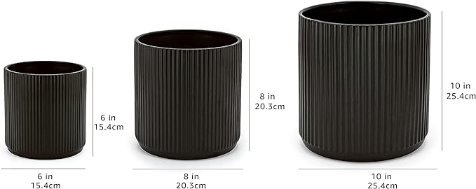 Amazon Basics Fluted Ceramic Planters for Indoor Outdoor Plants, Round Flower Pots with Drainage Hole, Set of 3, 6 inch, 8 inch, 10 inch, Black
