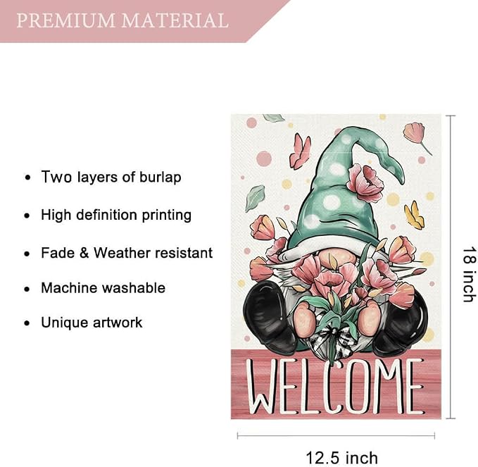Spring Welcome Garden Flag 12.5 x 18 Inch Gnome with Floral Decorative Double Sided Burlap Flag For Seasonal Farmhouse Yard Outdoor Decor