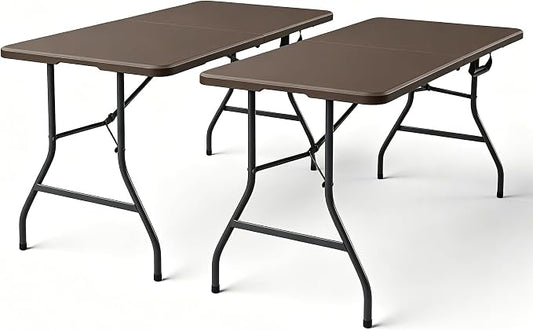 2 Pack 5ft Folding Table, Foldable Picnic Table with Carrying Handle, Heavy Duty Fold-in-Half Portable Table for Weddings, Camping, RV Travel, Parties, and Indoor Use, Easy to Fold and Store, Brown