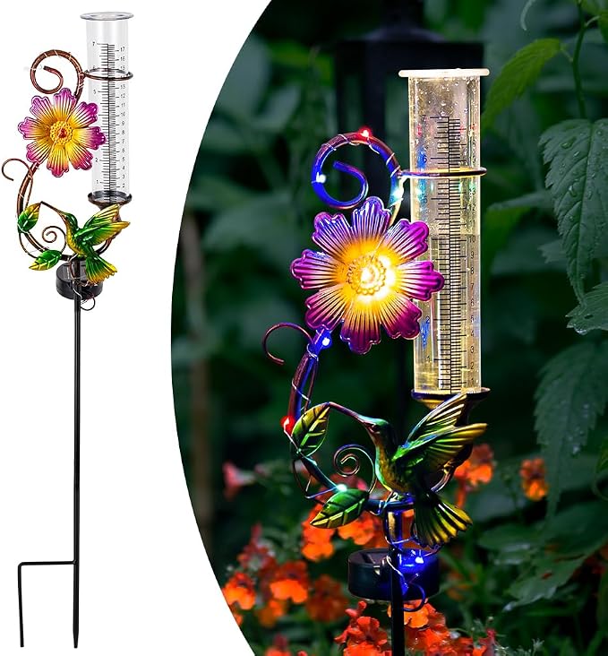 Hummingbird Rain Gauge Outdoor, Solar Rain Gauge, Metal Rain Measure Gauge with 7 Inch Tube, Decorative Color Lights Rainfall Measurement for Yard