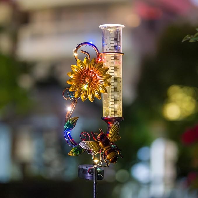 Stargarden Rain Gauge Outdoor, Solar Rain Gauge, Solar Measuring Gauge, Bee Decorative Rain Gauges for Yard Lawn Garden