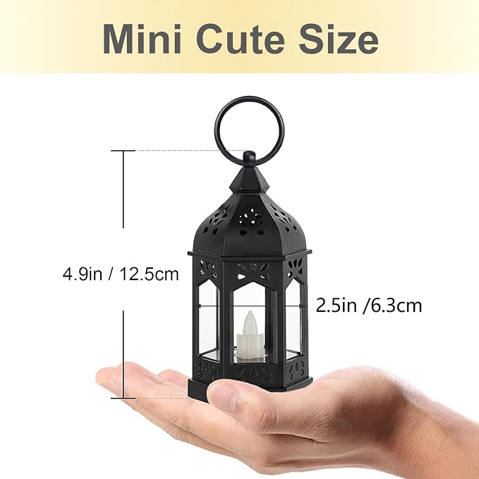 Mini Lantern with Flickering LED Candles Set of 20, Hewory Black Vintage Decorative Hanging Candle Lanterns for Halloween, Christmas, Wedding Decorations, Party, Table Centerpiece, Battery Included