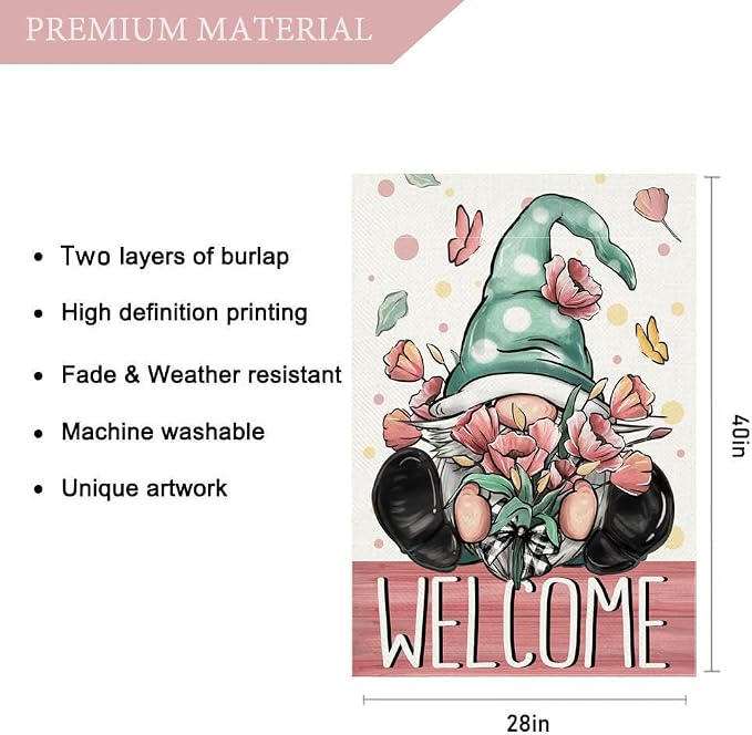 Spring Welcome House Flag 28 x 40 Inch Gnome with Floral Decorative Double Sided Burlap Flag For Seasonal Farmhouse Yard Outdoor Decor