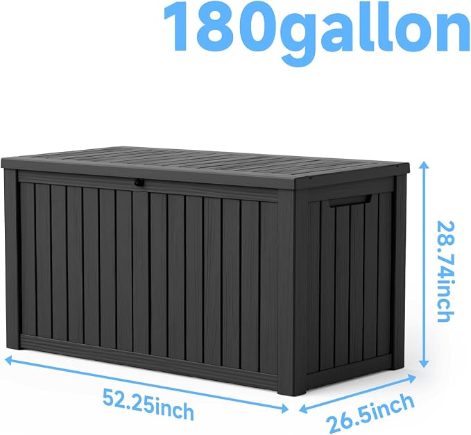 ROJIK Outdoor Storage Box, 180 Gallon Waterproof Resin Deck Box with Hydraulic Lid, Large Lockable Storage Bin UV-Resistant for Patio Furniture Cushions, Garden Tools, Pool Accessories, Black
