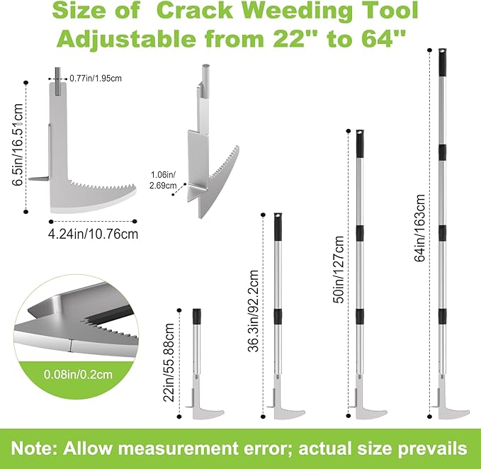 Crack Weeder, Stainless Steel Crevice Weeding Tool with 22'' to 64'' Adjustable Long Handle, L-Shaped Manual Weed Puller Spatula, Weed Remover Gardening Tool for Sidewalks Driveways Patio Pavers Rocks