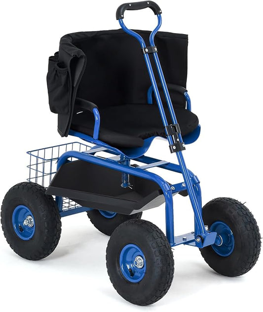 Rolling Garden Work Seat with Wheels, 300lbs Heavy Duty Garden Cart, 360° Swivel Adjustable Height Rolling Stool, Extendable Handle, Storage Basket & Tray for Gardening, Lawn Care, Adults & Seniors