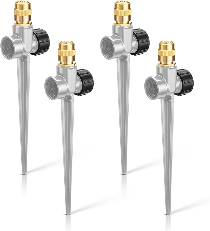 Tioncy 4 Pack Metal Lawn Sprinkler Automatic Garden Water Sprinkler on Spike Base 360 Degree Rotation with Adjustable Brass Nozzle for Lawn Garden Yard (Grey)