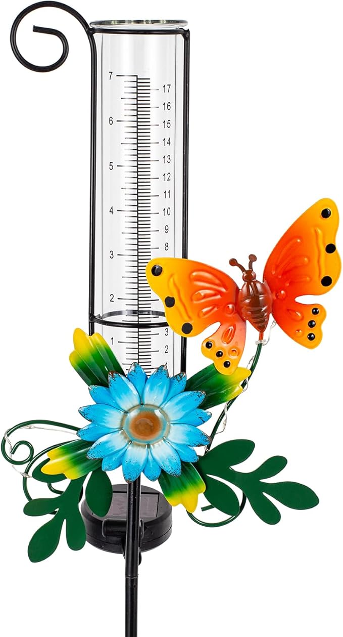Rain Gauge Outdoor,Rain Gauges,Glass Decorative Rain Guage with Metal Stake for Garden Yard Lawn Decor,Butterfly