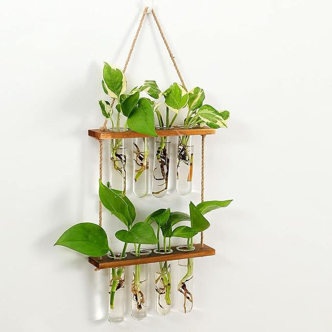 Hiuxume 2 Tiered Wall Hanging Planter, Wooden Stand with Glass Planter Test Tube Vase for Hydroponic Plant Propagation, Perfect for Indoor and Outdoor Decor